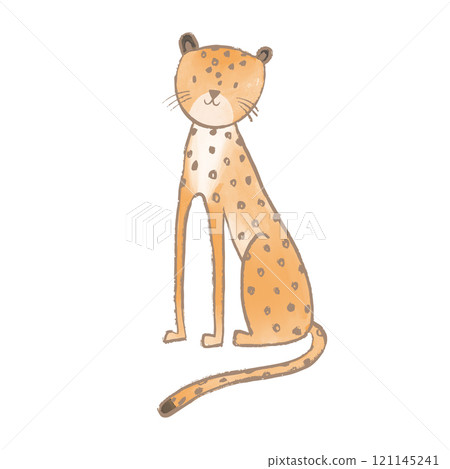 Beautiful stock illustration with cute cheetah. Safari animal clip art. Isolated naive style drawing. Childish hand drawn painting. 121145241