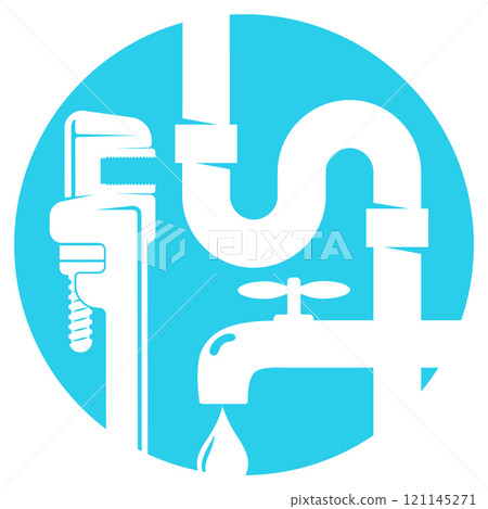 Water faucet wrench and water pipes in house symbol 121145271