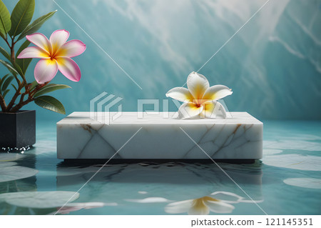 White marble flat platform floating water surface with dots and flowers, summer travel, beauty products, outdoor sports equipment display flat platform wide publicity wide sea news publication material page 121145351