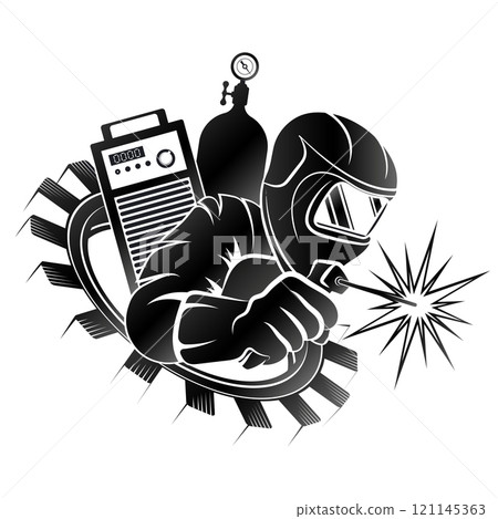 Welder in mask uniform with welding machine silhouette Welder in mask uniform with welding machine silhouette 121145363