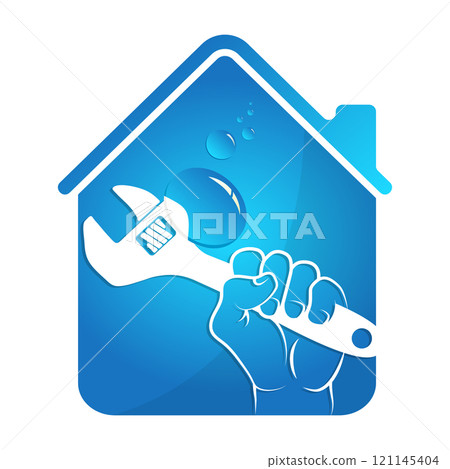 Wrench in the hand of a plumber and house symbol Wrench in the hand of a plumber and house symbol 121145404