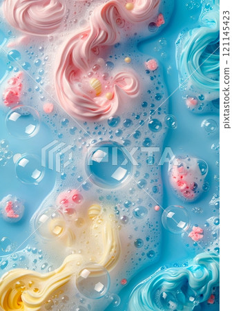 blue background with detergent foam bubbles floating and popping, surrounded by colorful, swirling soap suds. blue background with detergent foam bubbles floating and popping, surrounded by colorful, swirling soap suds. 121145423