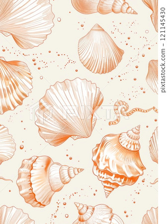 Delicate hand-drawn seashells, elegant summer beach background, white and beige Delicate hand-drawn seashells, elegant summer beach background, white and beige 121145430