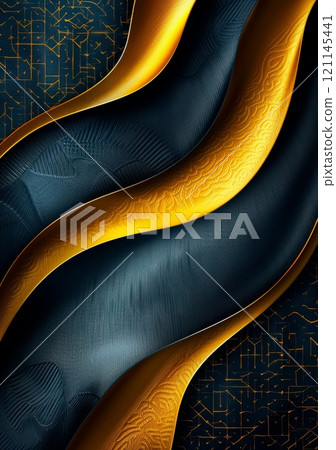 Elegant silver and yellow theme, sophisticated dark blue background with gold lettering and geometric patterns. 121145441