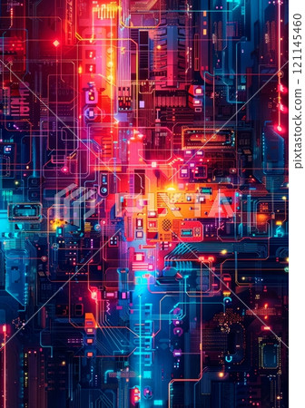 Vibrant technology mosaic with detailed pixels and thematic icons, brought to life with colorful icons and geometric flair. 121145460