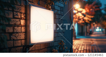 White square light box mounted on a brick wall near a sidewalk, glowing softly, awaiting advertisement 121145461