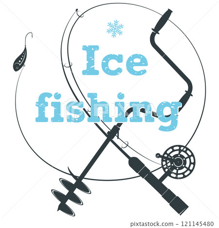Winter fishing symbol. Winter fishing rod and drill 121145480