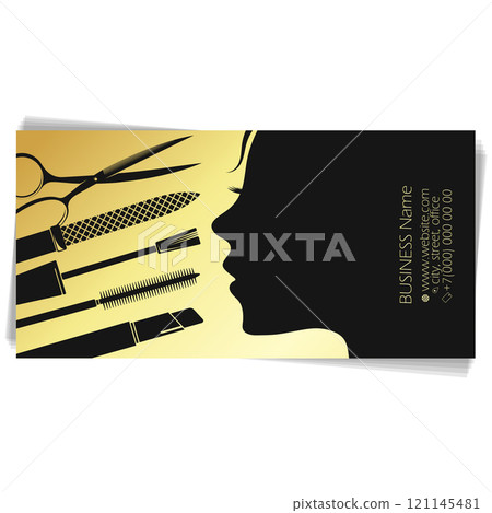 Woman silhouette and stylist tool golden business card 121145481