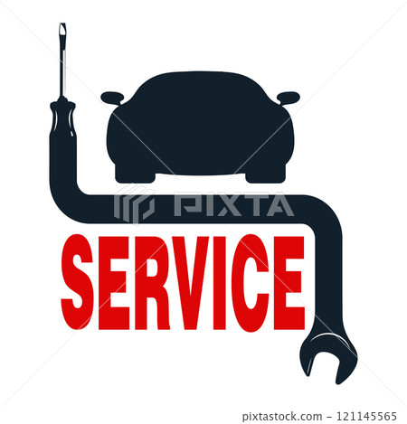 Wrench and screwdriver, car silhouette for business. Repair and service auto sign 121145565