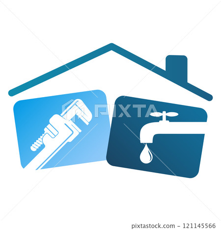 Wrench and water faucet under roof, symbol for plumbing repair Wrench and water faucet under roof, symbol for plumbing repair 121145566