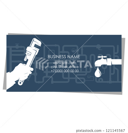 Wrench and water faucet with water drop, plumber business card Wrench and water faucet with water drop, plumber business card 121145567