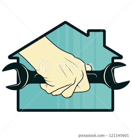 Wrench in hand house repair symbol Wrench in hand house repair symbol 121145601