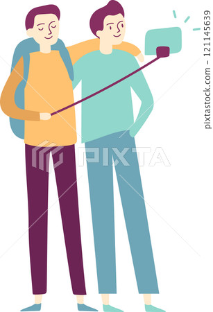 Two joyful male tourists, backpacks slung over their shoulders, capturing travel memories with a selfie stick, radiating happiness and excitement during their adventure together 121145639