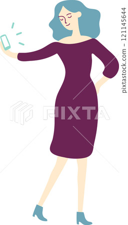 Fashionable young woman with blue hair, wearing a purple dress and blue ankle boots, takes a selfie with her smartphone, smiling and posing for social media 121145644