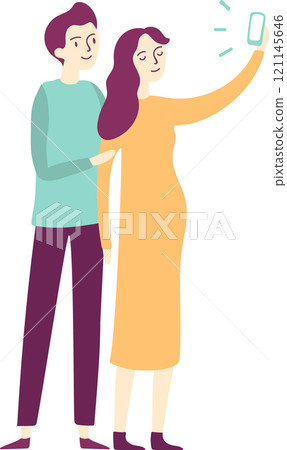 Happy pregnant couple taking a selfie with smartphone, future parents sharing a moment of joy and love, expecting a baby, modern family lifestyle 121145646