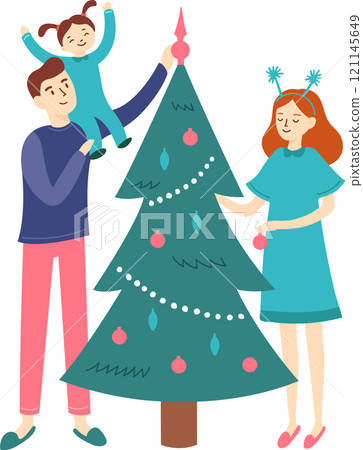 Happy family decorating christmas tree together at home, father holding daughter on his shoulders placing star on top, mother hanging baubles, festive winter holidays celebration Happy family decorating christmas tree together at home, father holding daughter on his shoulders placing star on top, mother hanging baubles, festive winter holidays celebration 121145649