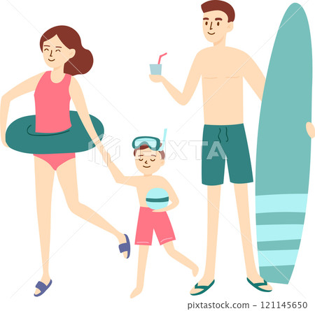 Happy family, mother, father and son, are walking on the beach, ready to swim, holding an inflatable ring, a beach ball and a surfboard, enjoying summer holidays 121145650