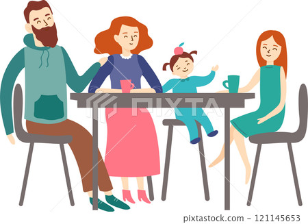 Happy family enjoying breakfast together at the kitchen table, sharing laughter and smiles while mother, father, daughter, and baby girl bond over their meal in a cozy home setting 121145653
