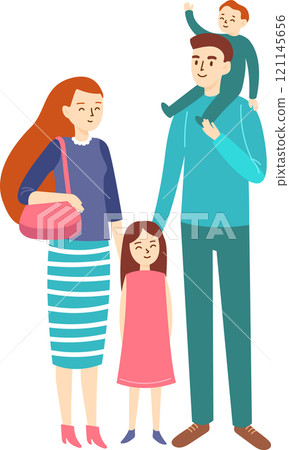Smiling family posing for a portrait, with father carrying son on shoulders and holding daughter s hand, showcasing family unity and happiness 121145656