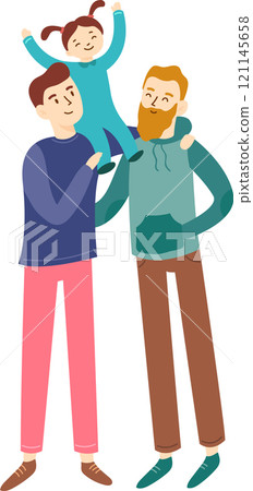 Two fathers joyfully lifting their daughter onto their shoulders, celebrating father s day while embodying family values and embracing lgbtq plus parenting in a modern family portrait Two fathers joyfully lifting their daughter onto their shoulders, celebrating father s day while embodying family values and embracing lgbtq plus parenting in a modern family portrait 121145658