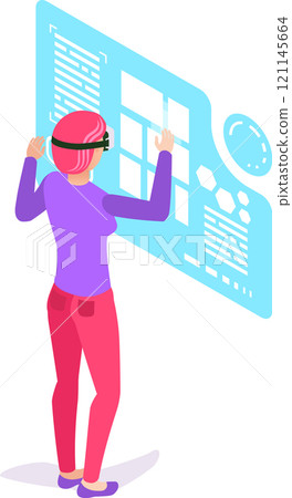 Software developer wearing virtual reality glasses interacting with holographic interface using augmented reality technology, experiencing immersive digital environment 121145664