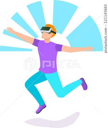 Young man wearing virtual reality glasses is jumping and experiencing virtual reality world, playing video game, running simulation, futuristic innovative technology Young man wearing virtual reality glasses is jumping and experiencing virtual reality world, playing video game, running simulation, futuristic innovative technology 121145665