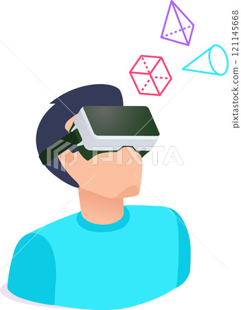 Man wearing vr headset is immersed in a virtual environment, exploring and interacting with colorful 3d geometric shapes, experiencing the immersive power of virtual reality technology Man wearing vr headset is immersed in a virtual environment, exploring and interacting with colorful 3d geometric shapes, experiencing the immersive power of virtual reality technology 121145668