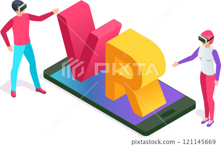 Two people wearing virtual reality headsets are interacting with a large vr symbol emerging from a smartphone, showcasing immersive technology Two people wearing virtual reality headsets are interacting with a large vr symbol emerging from a smartphone, showcasing immersive technology 121145669