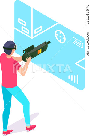 Young man wearing a virtual reality headset and holding a gun controller, engaging in an immersive shooter game with a futuristic interface and virtual map Young man wearing a virtual reality headset and holding a gun controller, engaging in an immersive shooter game with a futuristic interface and virtual map 121145670