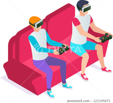 Two gamers wearing virtual reality headsets are playing video games using controllers while sitting comfortably on a red couch, enjoying immersive gameplay 121145671