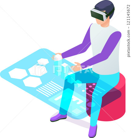 Software developer wearing a vr headset is sitting and interacting with virtual reality data, manipulating holographic charts and diagrams with his hands 121145672