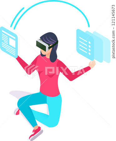 Woman wearing virtual reality headset is browsing documents and files in virtual reality interface, innovative technology for business and education Woman wearing virtual reality headset is browsing documents and files in virtual reality interface, innovative technology for business and education 121145673