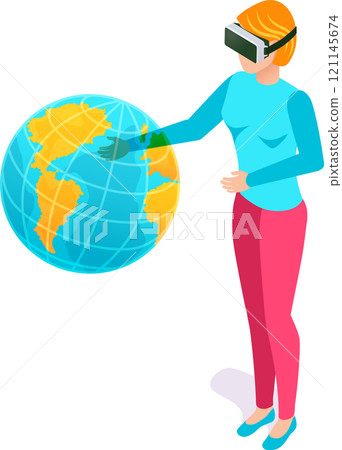 Woman wearing vr headset touching virtual earth globe with hand using augmented reality technology, exploring world and experiencing metaverse in isometric illustration 121145674