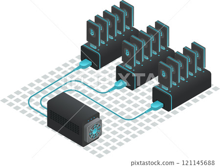 Cryptocurrency mining farm generating digital currency with multiple usb connected devices and power supply, representing blockchain technology and investment in isometric view 121145688