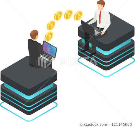 Two businessmen are using laptops sitting on data servers, exchanging cryptocurrency with golden coins transferring between them, representing online transactions and digital finance 121145690