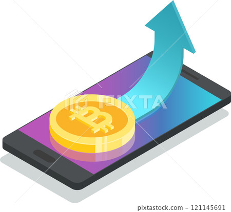 Gold bitcoin resting on a smartphone, featuring a rising arrow that symbolizes the growing value of cryptocurrency, highlighting investment and trading opportunities in the digital economy 121145691