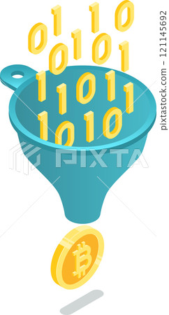 Binary code is being processed through a funnel, transforming into a bitcoin cryptocurrency, symbolizing data mining or cryptocurrency generation 121145692