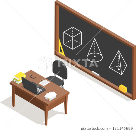 Geometry lesson featuring a teacher s desk with a laptop and books, surrounded by drawings of set squares, cones, cubes, and pyramids on the blackboard in a vibrant classroom setting 121145699