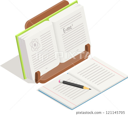 Open textbook showing theory of relativity formula and atom symbol on wooden book stand with another open book and pencil nearby suggesting studying, physics or chemistry 121145705