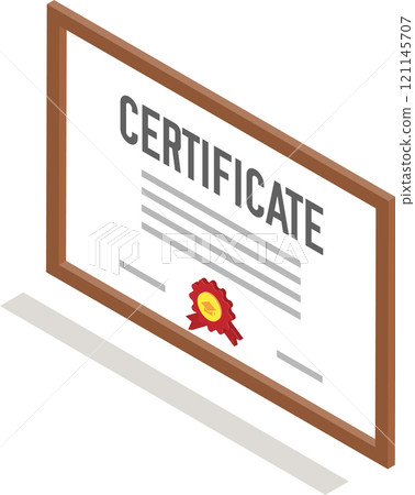 Isometric view featuring a framed certificate adorned with a vibrant red ribbon and seal, symbolizing graduation, academic achievement, and the pursuit of educational success Isometric view featuring a framed certificate adorned with a vibrant red ribbon and seal, symbolizing graduation, academic achievement, and the pursuit of educational success 121145707