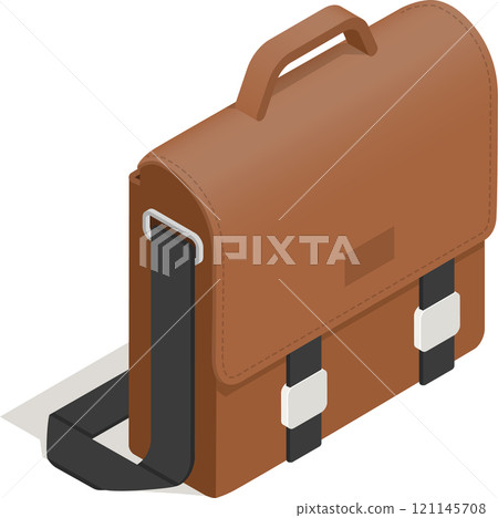 Brown leather messenger bag featuring a sleek black strap and stylish silver buckles, presented as an isometric icon casting a subtle shadow against a pristine white background 121145708