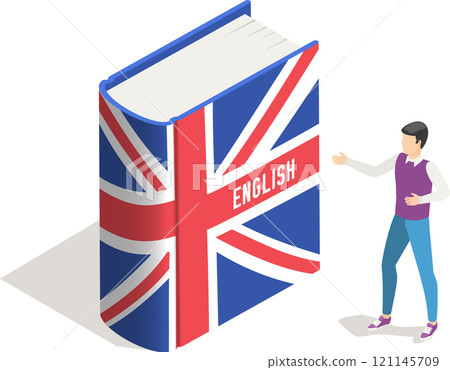 Young man is showing a large textbook with the flag of the united kingdom and the word english written on its cover, representing the concept of learning the english language and british culture 121145709