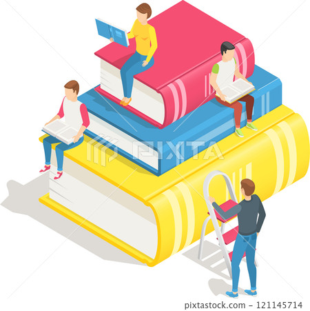 Students are sitting on a giant stack of colorful books and reading, while another student is climbing a ladder to reach the top, in this isometric illustration about education and learning 121145714