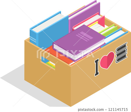 Cardboard box containing colorful books with an i love books sticker promotes the joy and importance of reading, symbolizing a passion for literature and knowledge 121145715