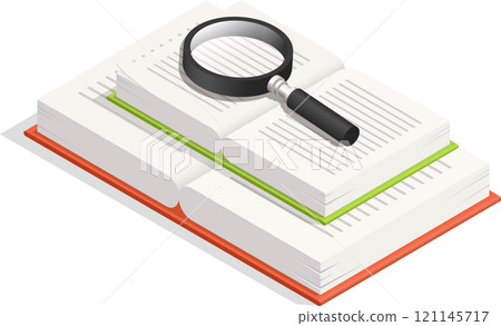 Open book resting on a surface, accompanied by a magnifying glass, representing research, discovery, and the continuous pursuit of knowledge within the realm of literature 121145717