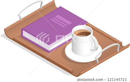 Presenting a cozy breakfast scene, a wooden tray holds a closed purple book next to a steaming cup of coffee, inviting relaxation and enjoyment in the morning light 121145721