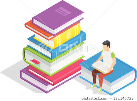 Isometric vector illustration depicting a student engaged in reading and studying on a giant book, surrounded by a stack of books, symbolizing the journey of learning and knowledge acquisition 121145722