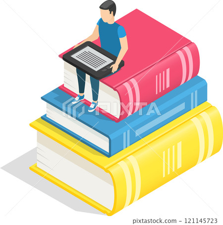 Young student reading an e book while sitting atop a stack of oversized books, embodying the essence of online education and e learning in a vibrant, isometric design Young student reading an e book while sitting atop a stack of oversized books, embodying the essence of online education and e learning in a vibrant, isometric design 121145723