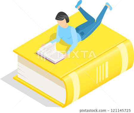 Young woman is lying on her stomach on top of a giant yellow book, engrossed in reading a smaller book, in an isometric perspective, symbolizing the joy and immersion in literature Young woman is lying on her stomach on top of a giant yellow book, engrossed in reading a smaller book, in an isometric perspective, symbolizing the joy and immersion in literature 121145725