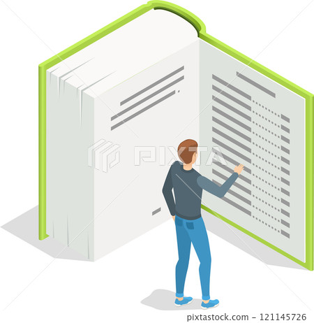 Student is standing and reading a large open textbook, touching the page with his finger, preparing for the exam and gaining knowledge, isometric vector illustration 121145726